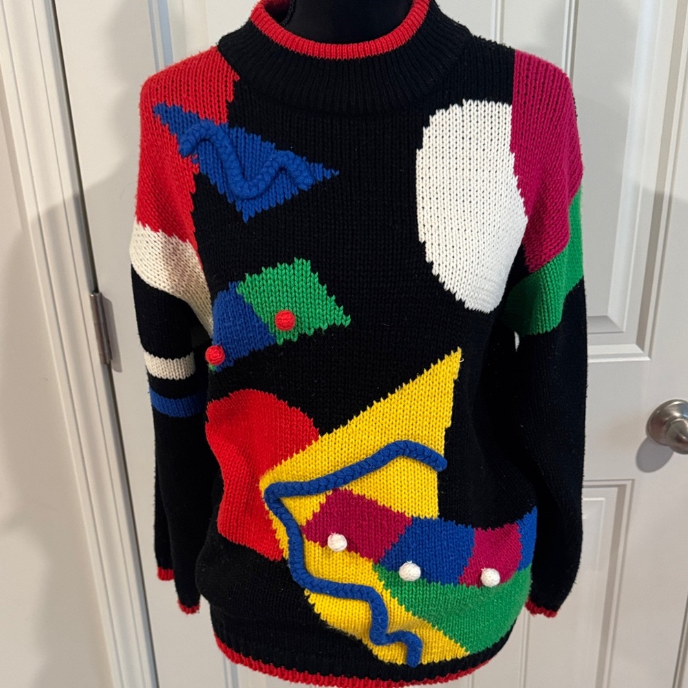 Black Multicolor Graphic Knit Sweater - Women